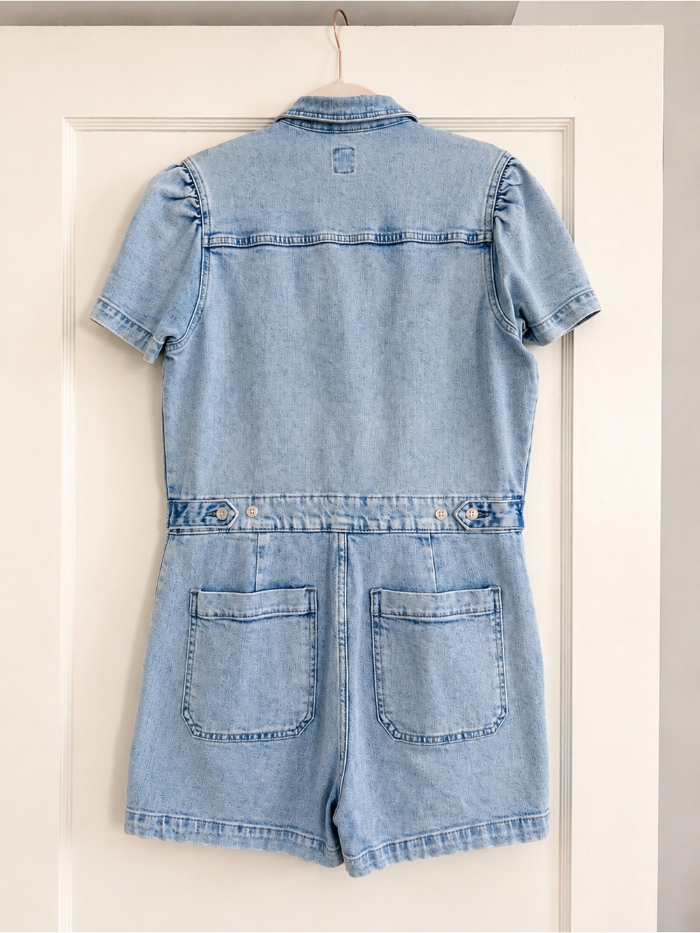 GAP Light Wash Denim Utility Romper Puff Sleeve Shorts Jumpsuit | Size 10 - Picture 8 of 8